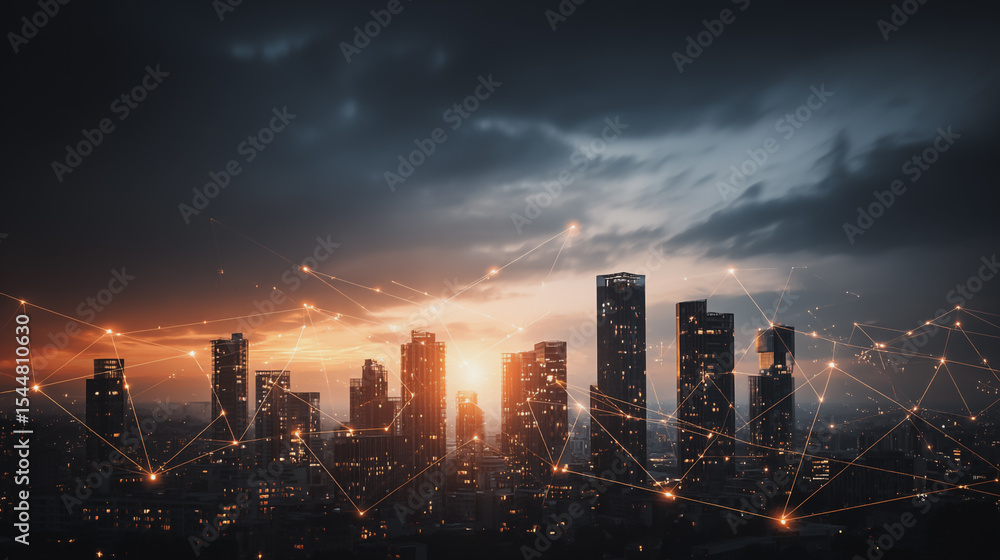 Fototapeta premium Smart digital Innovation city with connection network reciprocity over the sunset cityscape. of future wireless digital city and social media networking systems that connects people with in city