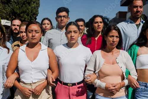 Group of Latin people activists protesting on streets for Human Rights in Mexico Latin America, Hispanic women and men together for peace and equality