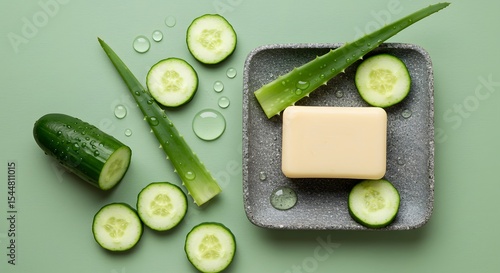 Aloe Vera Soap with Cucumber Slices and Aloe Stems on Green Background

