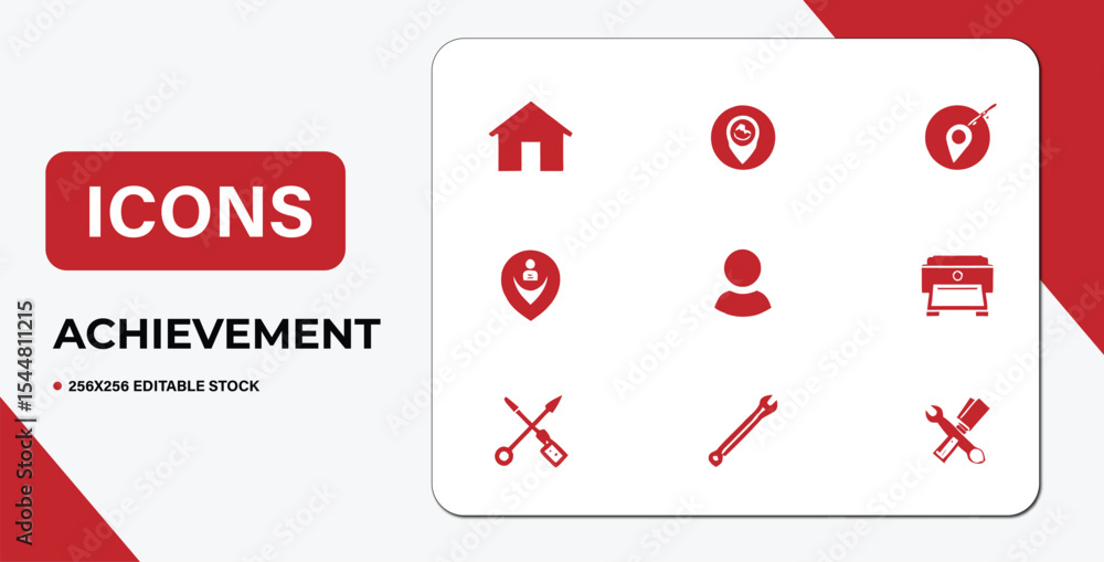 Red Icon Set Representing Home Location User Tools and Achievement Concepts Red Icon Set Representing Home Location User Tools and Achievement Concepts