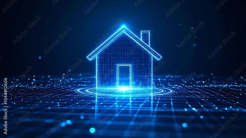 A digital rendering of a house icon, outlined in glowing blue lines, set against a dark background of interconnected glowing grid lines and points A digital rendering of a house icon, outlined in glowing blue lines, set against a dark background of interconnected glowing grid lines and points