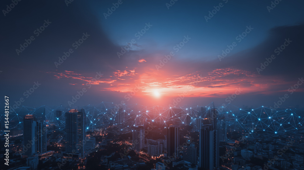 Fototapeta premium Smart digital Innovation city with connection network reciprocity over the cityscape. of future smart wireless digital city and social media networking systems that connects people with in city