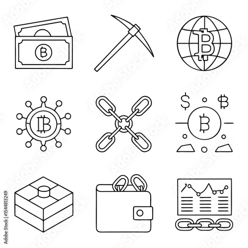 Bitcoin Mining Icons Representing Cryptocurrency Technology, Blockchain, and Global Finance
