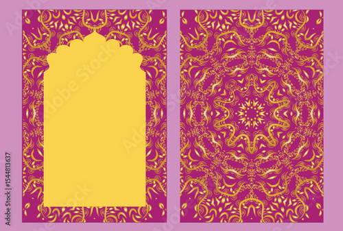 Indian style invitation template , Mughal style window frame, postcard with a place for text, bright pink fuchsia colors