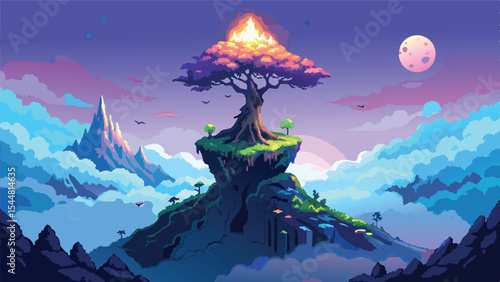 Pixel Art Glowing Tree Background – Massive Magic Tree Landscape in Pixel Fantasy World