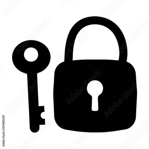 Black silhouette of a key and a lock security concept image