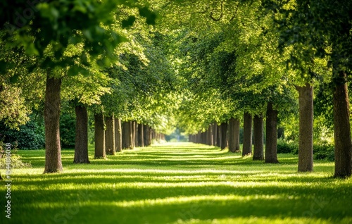 Morning sunlight filters through the trees of the Beautiful Green Forest, illuminating a serene path in the spring forest