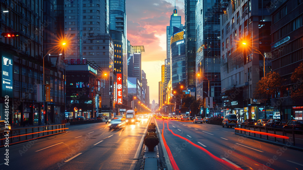 Dramatic Evening View of Modern City Street: Illuminated Skyscrapers, Neon Signs & Dynamic Urban Energy. Dramatic Evening View of Modern City Street: Illuminated Skyscrapers, Neon Signs & Dynamic Urban Energy.