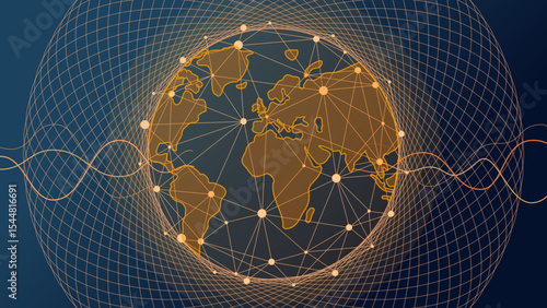 Abstract fractal circles background for global data concept, blue, orange, gold tones world map sphere lines wireframe pattern, concept of science, technology, ai, energy vibration in space wallpaper
