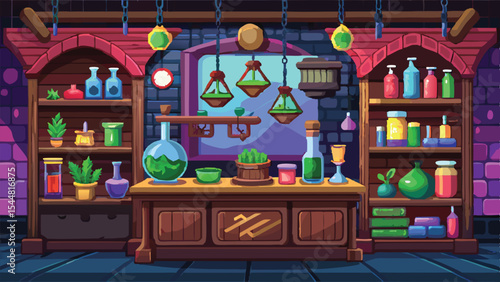 Pixel Art Fantasy Potion Shop Interior Background – Magical Scene for RPG Game in Pixel Style