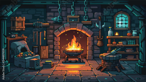 Pixel Art Fantasy Blacksmith Workshop Background – Medieval RPG Crafting Scene in Pixel Style