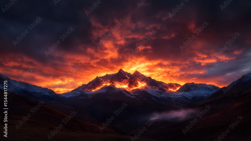 Obraz premium A stunning sunset scene with the sky ablaze in fiery reds and oranges, illuminating the peaks of a mountain range.