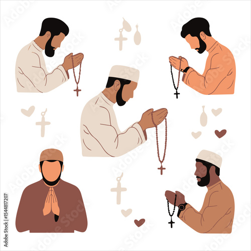 Muslim People Making Dua with Tasbih Group Forgiveness Concept Vector