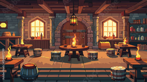 Pixel Art Medieval Tavern Interior Background – Fantasy Pub Scene in Retro RPG Pixel Style