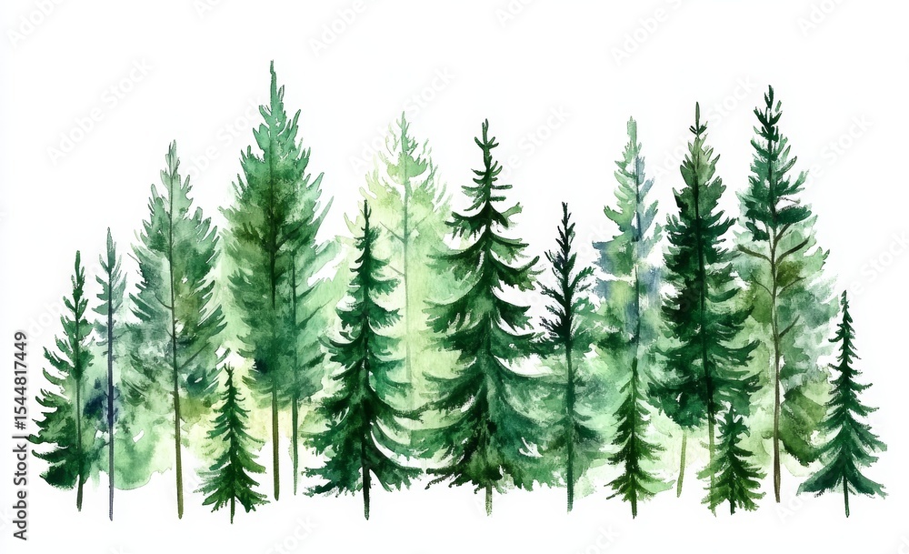 Obraz premium Illustration of a coniferous forest with hand-drawn watercolor spruce, depicting winter nature and a holiday background with conifer, snow, and outdoor snowy rural landscape, featuring mysterious fir