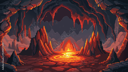 Pixel Art Volcanic Cave Background – Lava-Filled Underground Scene in Fantasy Pixel Style