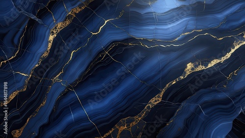Abstract dark blue marble texture background with golden veins and swirling patterns design element