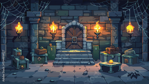 Pixel Art Fantasy Dungeon Background – Retro-Style RPG Dungeon Interior Scene