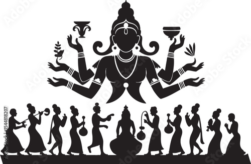 Black and white silhouette of hindu goddess with devotees