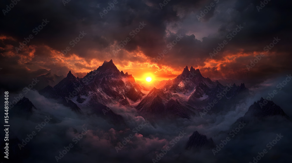 Fototapeta premium A stunning view of the sun setting behind rugged mountain peaks, with dramatic clouds adding to the scene.