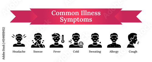 Common Illness Symptoms - Glyph black silhouette icon set depicting typical human symptoms such as headache, sneezing, fever, sore throat, sweating, rash, and dry cough for medical and healthcare use