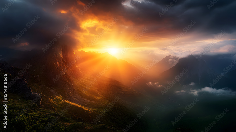 Fototapeta premium A stunning view of the sun setting behind rugged mountain peaks, with dramatic clouds adding to the scene.