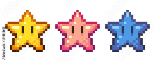 Pixel Art Star Power Up Collection,Yellow, Pink, and Blue. Vibrant collection of three pixel art star icons, each rendered in a classic retro video game style
