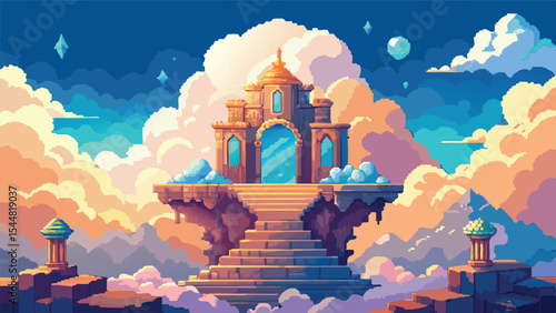 Pixel Art Fantasy Sky Temple Floating Background – Magical Temple on Clouds Scenery in Pixel Game