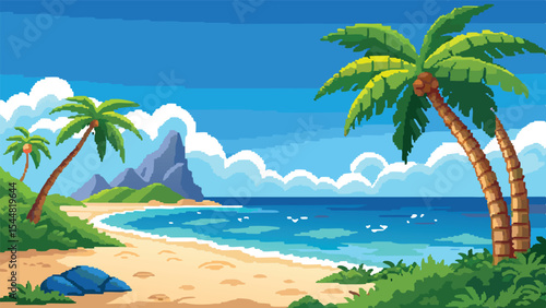 Pixel Art Tropical Beach Background – Sunny Island Landscape with Sea and Palm Trees in Retro Game Style