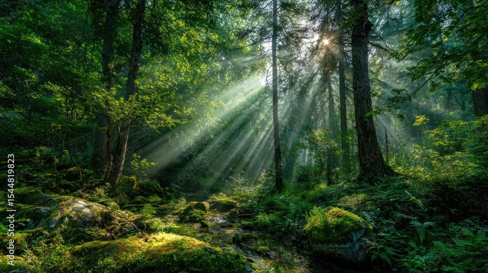 Fototapeta premium Sunlight Rays Filtering Through Dense Green Forest, Vibrant Natural Scenery of Woodland With Ferns and Moss, Concept of Nature Inspiration and Environmental Preservation