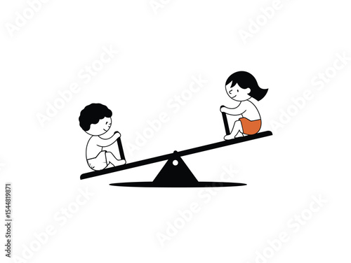 Two kids playing on seesaw icon vector on white background.