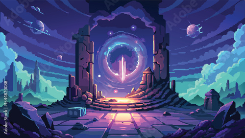Pixel Art Fantasy Magical Portal Background – Mystical Gate Landscape in Pixel Adventure RPG Game