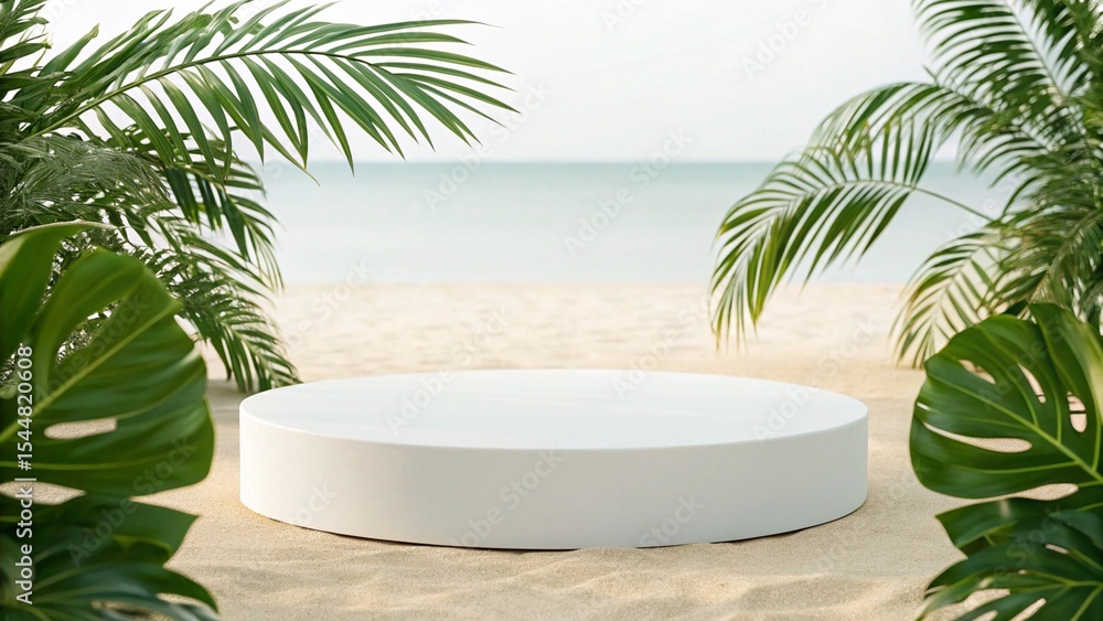 White cylindrical display platform on sandy beach, framed by tropical palm leaves and ocean view White cylindrical display platform on sandy beach, framed by tropical palm leaves and ocean view