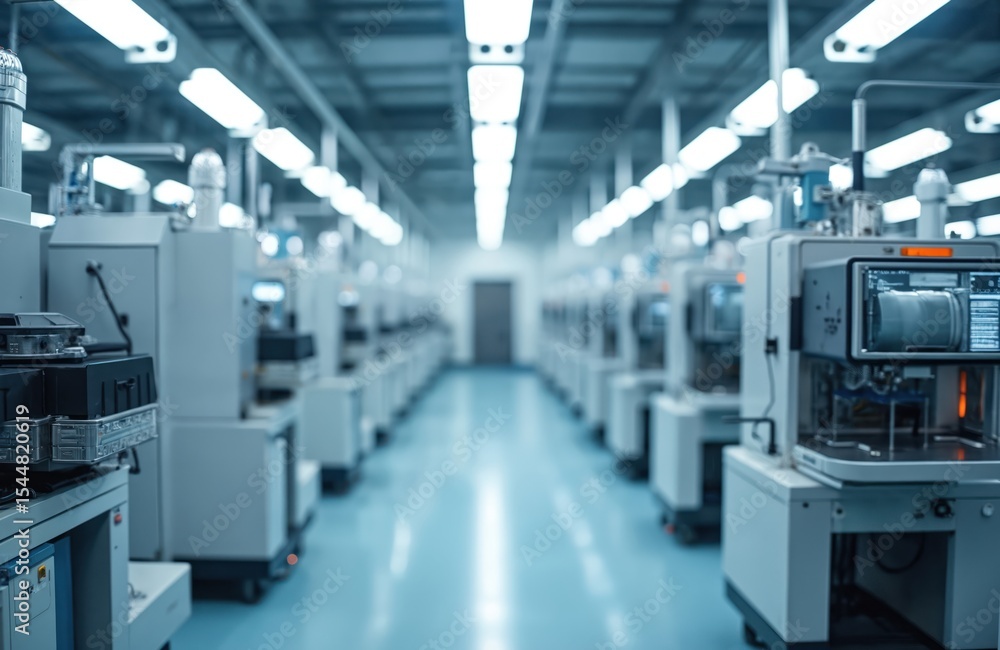 Cleanroom semiconductor manufacturing facility. Automated industrial machinery, fabrication machines, processing equipment. Advanced technology, microchip production, assembly line, high-tech Cleanroom semiconductor manufacturing facility. Automated industrial machinery, fabrication machines, processing equipment. Advanced technology, microchip production, assembly line, high-tech