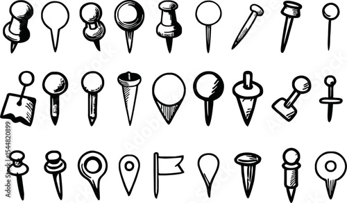 Pins hand drawn doodle set. Pin line drawing style for planner or map. Pins variable icons. Vector illustration