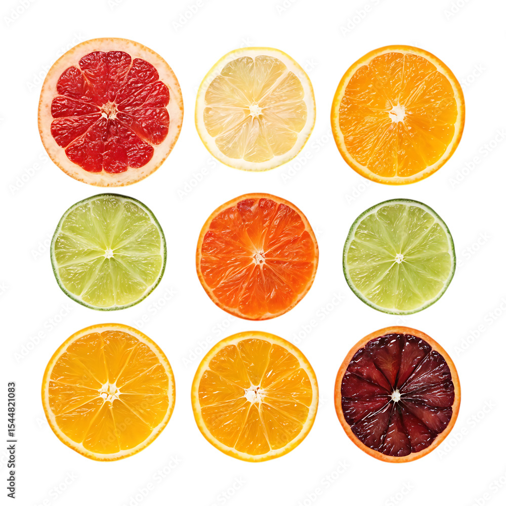 Fototapeta premium Nine citrus fruit slices isolated on transparent background