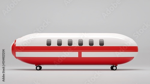 Red and white stylized capsule train on wheels side view Six small windows are visible