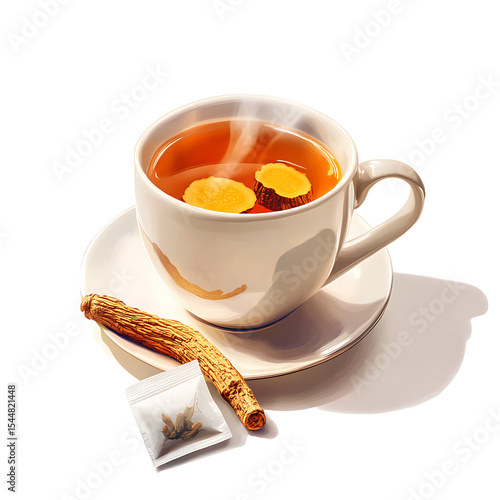 Steaming Cup of Herbal Tea with Ginseng and Slices, Accompanied by a Tea Bag