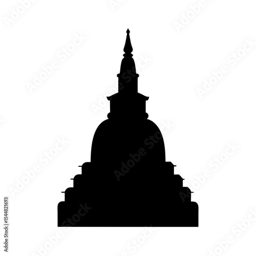 Detailed silhouette of a Buddhist stupa against a plain white backdrop