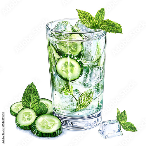 Refreshing Cucumber Mint Water with Ice in a Glass