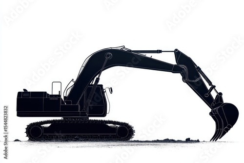 Excavator s powerful silhouette digging into earth on a stark white background in white background. Generative Ai