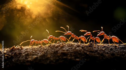 A swarm of ants forming a perfect line as they work together to transport food back to the nest, their movements coordinated with precision.