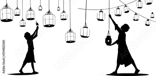 Figures Decorating with Hanging Lanterns or Birdcages - Festive and Whimsical Setup