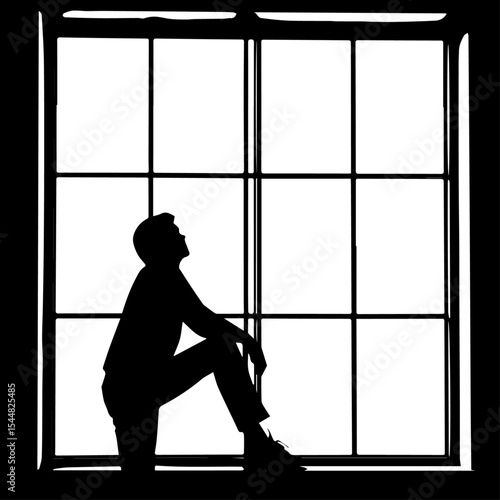 Man Looking Up Through Window Silhouette - Hope and Contemplation Vector