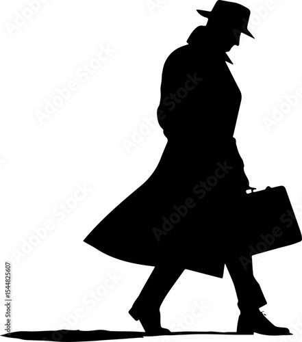 Mysterious Man Walking with Briefcase Silhouette - Detective and Noir Vector