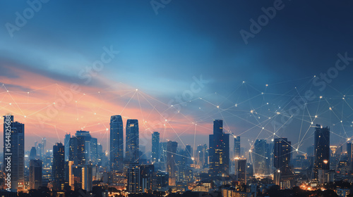 Wallpaper Mural Smart digital Innovation city with connection network reciprocity over the sunset cityscape. of future wireless digital city and social media networking systems that connects people with in city Torontodigital.ca