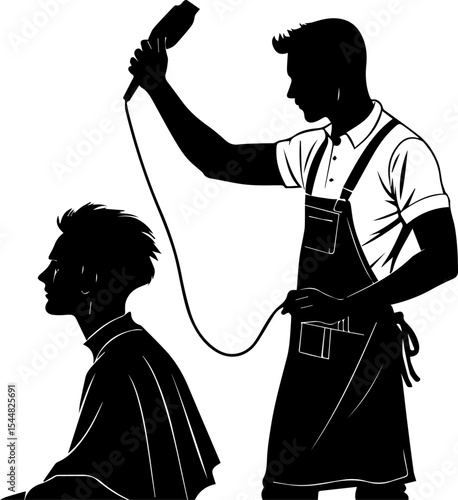 Barber or Hairdresser Styling Hair with Blow Dryer Silhouette