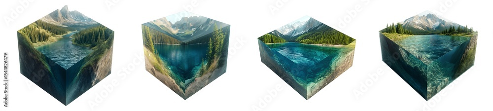Obraz premium Set of various Isometric cube with natural landscape isolated on transparent background