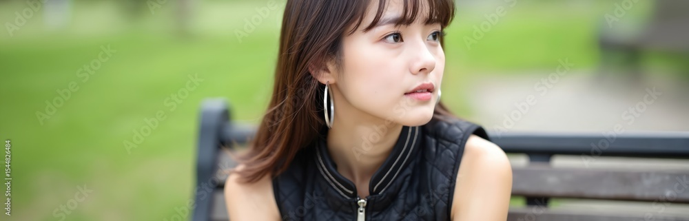 Obraz premium Attractive young woman sitting on park bench, looking away. Pretty female wears stylish black vest. Natural beauty with silver hoop earrings. Portrait photo, daytime outdoors.