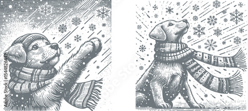 Set of vintage woodcut engraving illustrations featuring a dog with scarf catching snowflakes in winter, brush grain texture, rustic postal stamp card style for print or decor